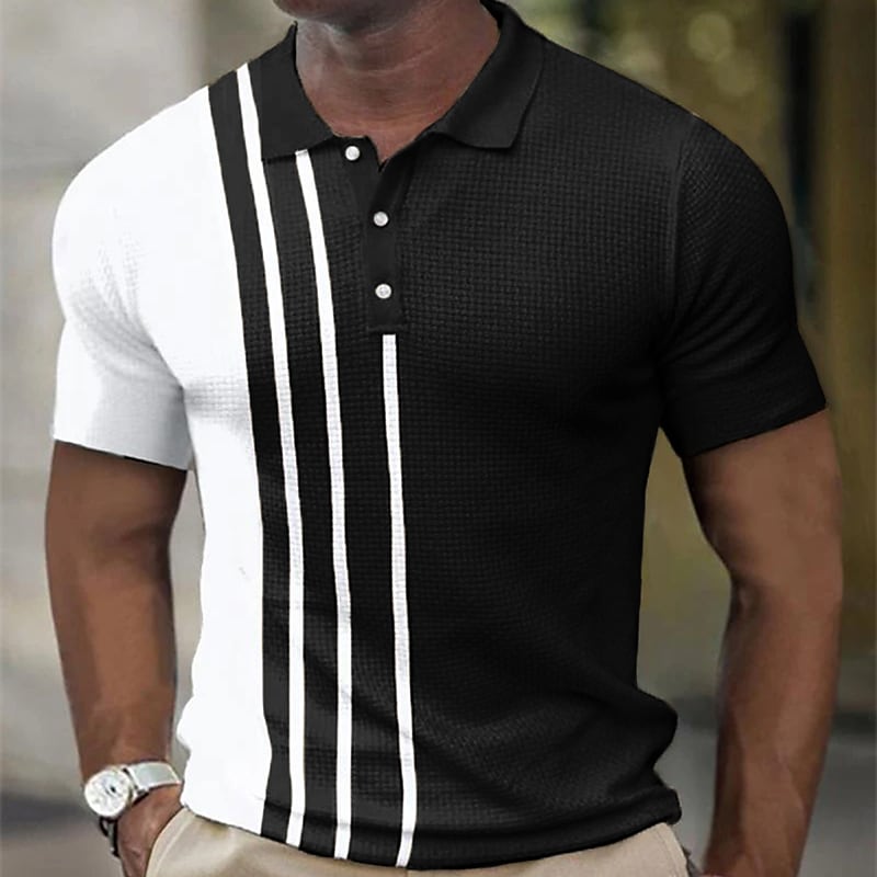 Men's Waffle Polo Collar Classic Short Sleeve Striped Button Front Shirt