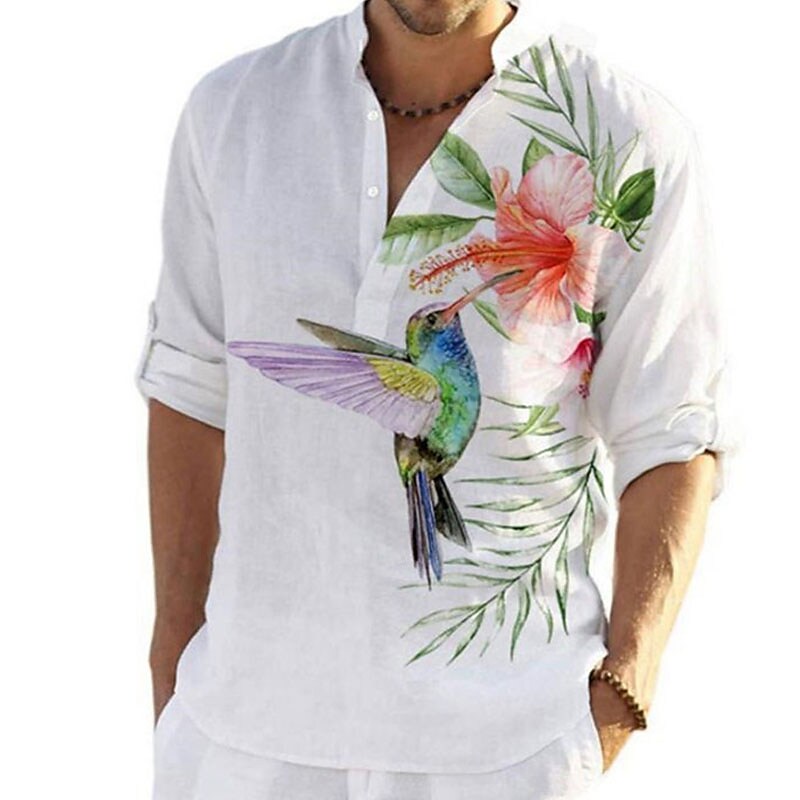 Rogoman Men's Animal Floral Bird Print Long Sleeve Shirt