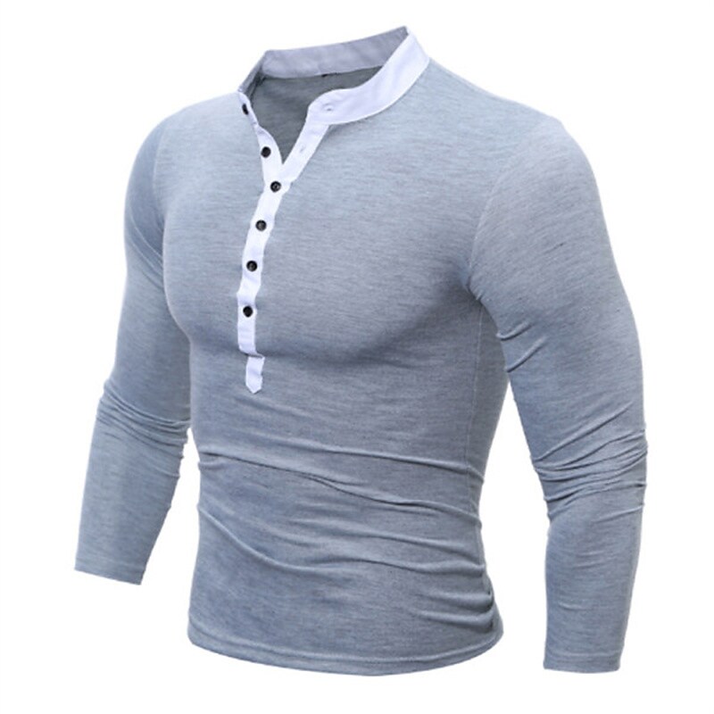 Men's Solid Color Stand Collar Long Sleeve Button-Down Henley Shirt