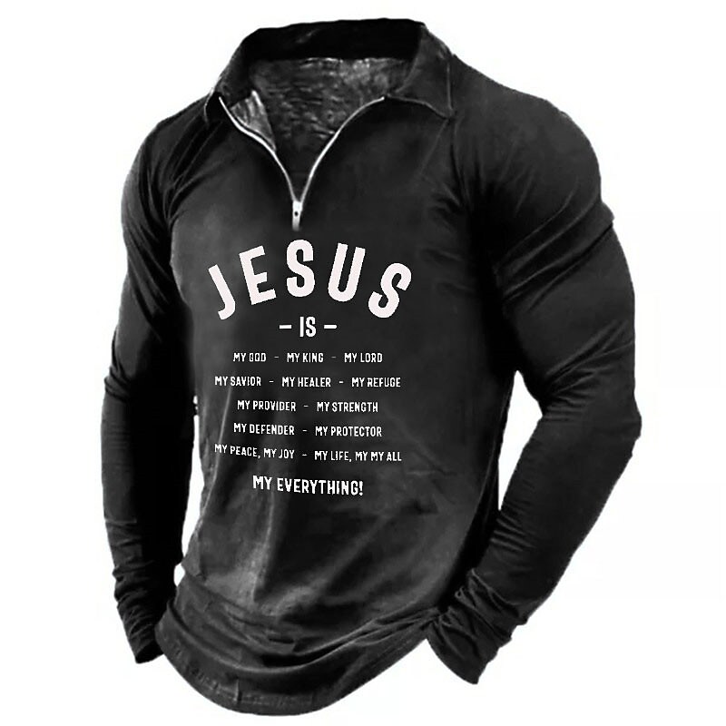 Men's Outdoor Letter Print Turndown Long Sleeve Zipper Breathable Top