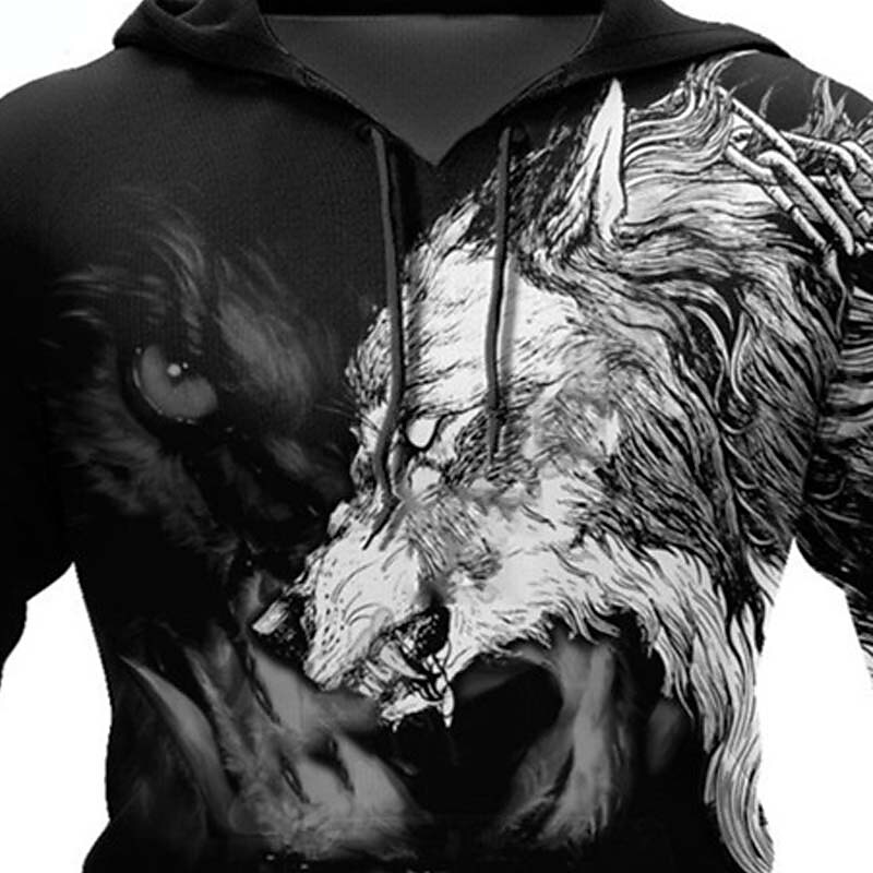 Men's Casual Wolf 3D Print Front Pocket Long Sleeve Hooded Sweatshirt