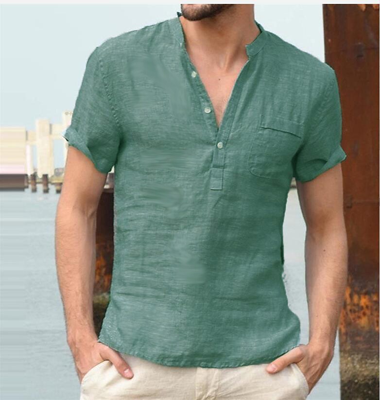 100% Cotton men‘s v-neck men‘s t-shirt flax loose undershirt solid color short-sleeved cotton  linen t-shirt men‘s casual hair
