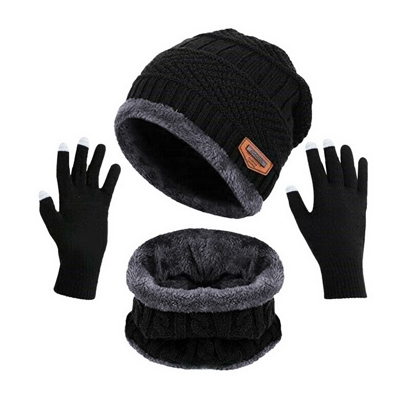 Men's Warm Velvet Thick Hat Scarf  Solid Color Touch Screen Gloves Three-piece