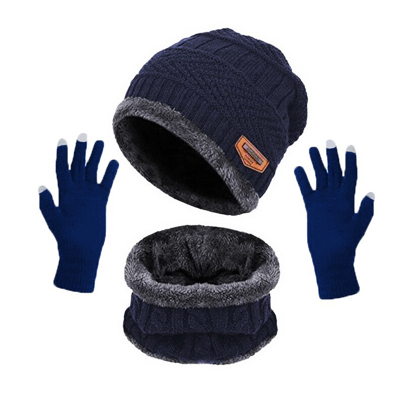 Men's Warm Velvet Thick Hat Scarf  Solid Color Touch Screen Gloves Three-piece