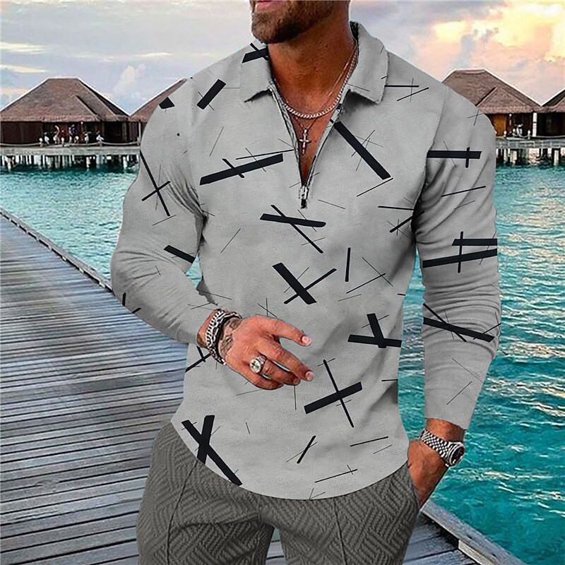 Men's Golf Shirt 3D Print Geometry Turndown Street Casual Zipper Print Long Sleeve Tops Designer Casual Fashion Breathable Green Blue Gray