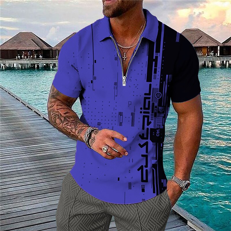 Men's Golf Shirt 3D Print Geometry Turndown Street Casual Zipper Print Short Sleeves Tops Designer Casual Fashion Breathable Black Blue Pink / Summer / Spring / Summer
