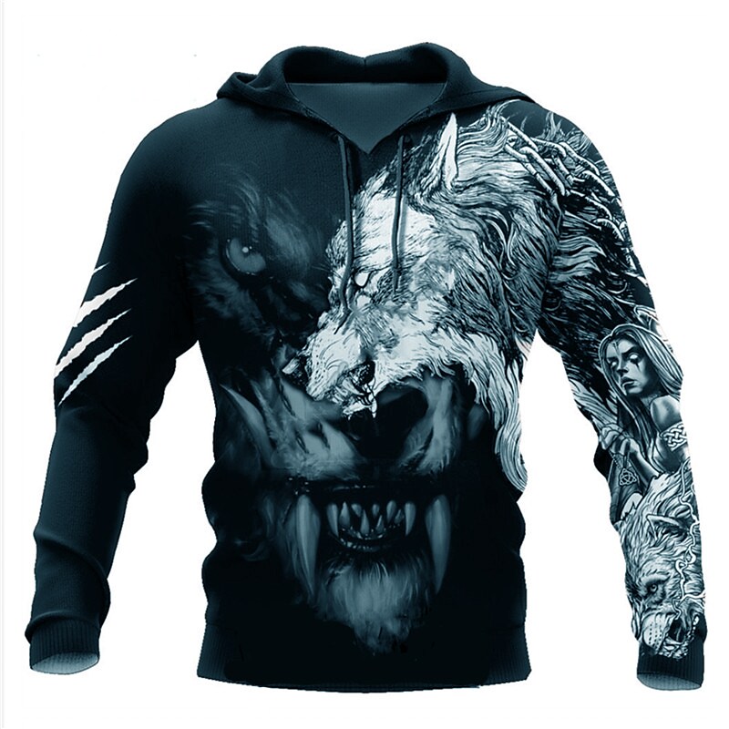 Men's Casual Wolf 3D Print Front Pocket Long Sleeve Hooded Sweatshirt