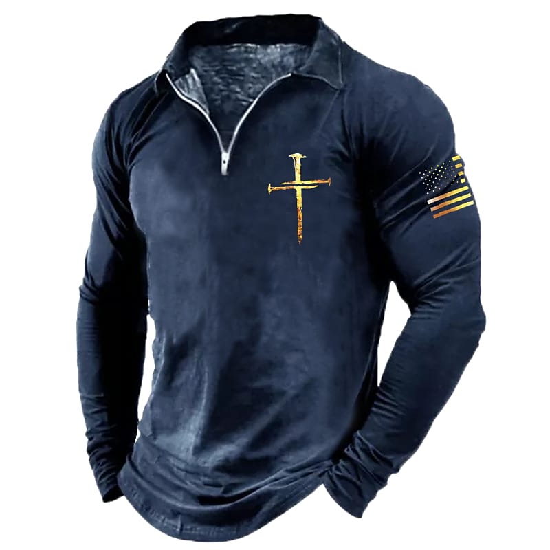 Men's Casual Solid Nation Flag Print Lapel Zipper Long Sleeve Shirt