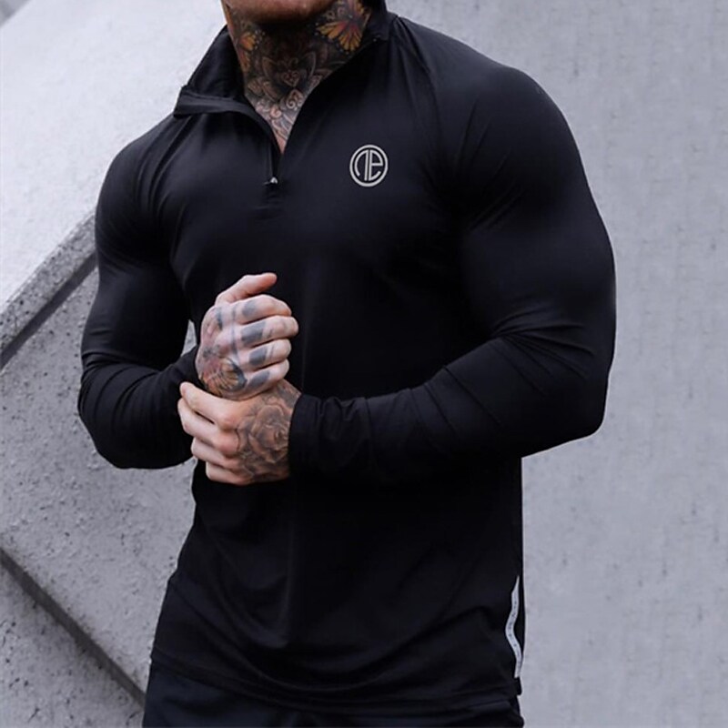 Men's Sport Stand Collar Zipper Long Sleeve Casual T-shirt