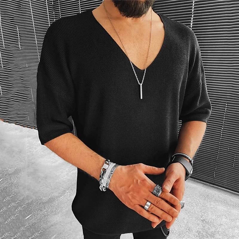 Men's Solid Color V Neck Casual Daily Half Sleeve Tops