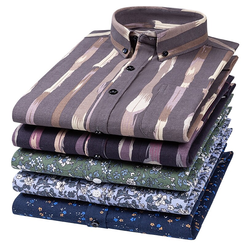 Men's Oxford Solid Color Floral Button Down Collar Long Sleeve Shirt