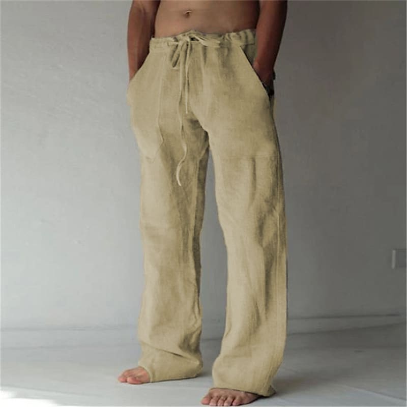 Men's Linen Casual Pants Solid Color Fashion Straight-Leg Trousers Baggy Pants With Pockets Drawstring Elastic Waist Design Beach Pants Daily Yoga Comfort Soft Mid Waist 