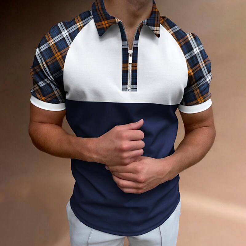 Men's Golf Shirt Print Plaid Turndown Casual Daily Vacation Zipper Print Short Sleeve Tops Casual Fashion Breathable Comfortable Blue Summer Shirt Quick Dry
