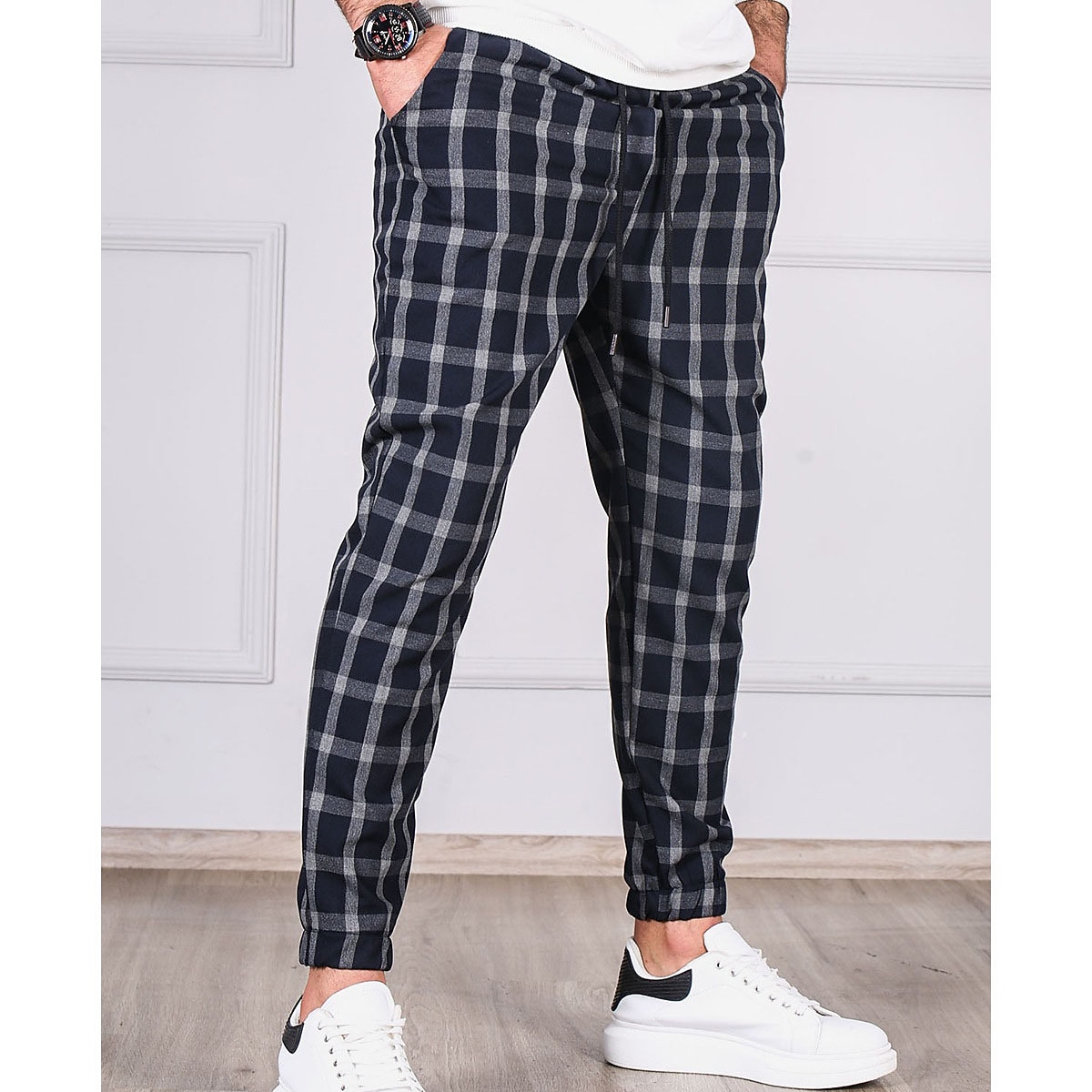 Men's Casual Micro-elastic Pocket Plaid Full Length Tapered Pant