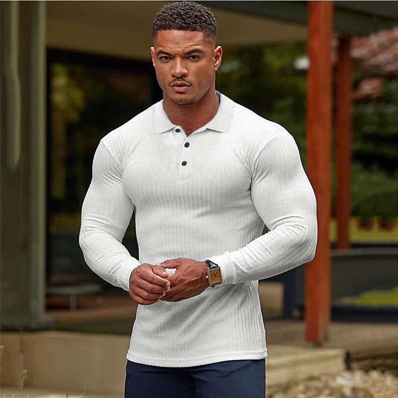 Men's Long-sleeved Knitted Elastic Breathable Lapel Fitness T-shirt