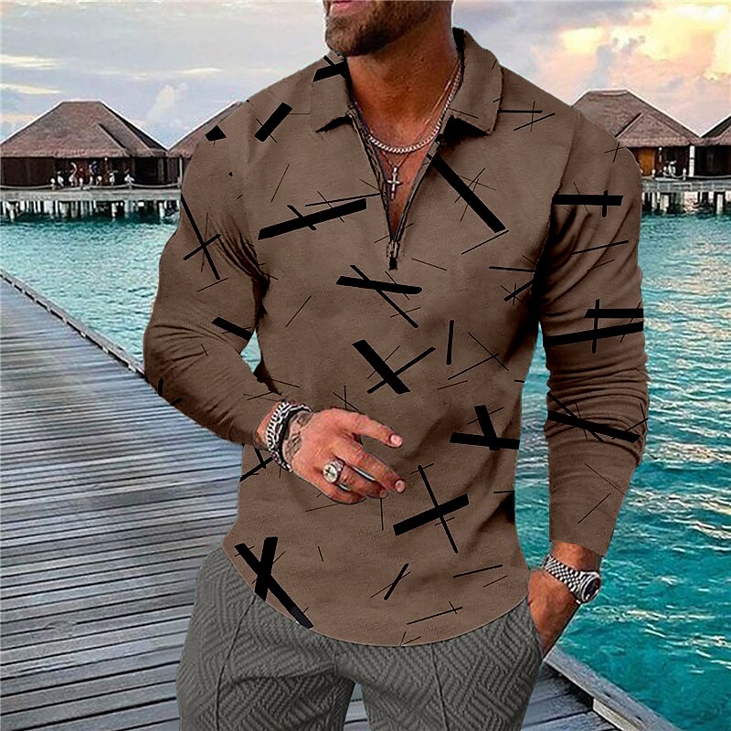 Men's Golf Shirt 3D Print Geometry Turndown Street Casual Zipper Print Long Sleeve Tops Designer Casual Fashion Breathable Green Blue Gray