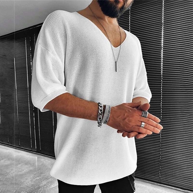 Men's Solid Color V Neck Casual Daily Half Sleeve Tops