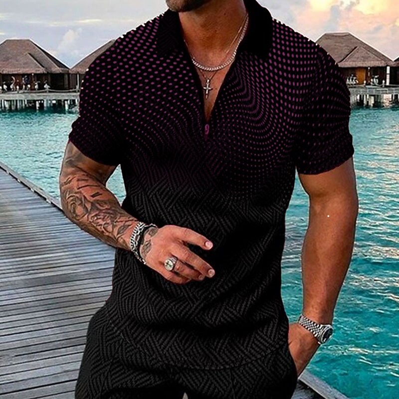 Men's Golf Shirt Polka Dot Turndown Street Casual Zipper Short Sleeve Tops Casual Fashion Comfortable Black Purple Pink