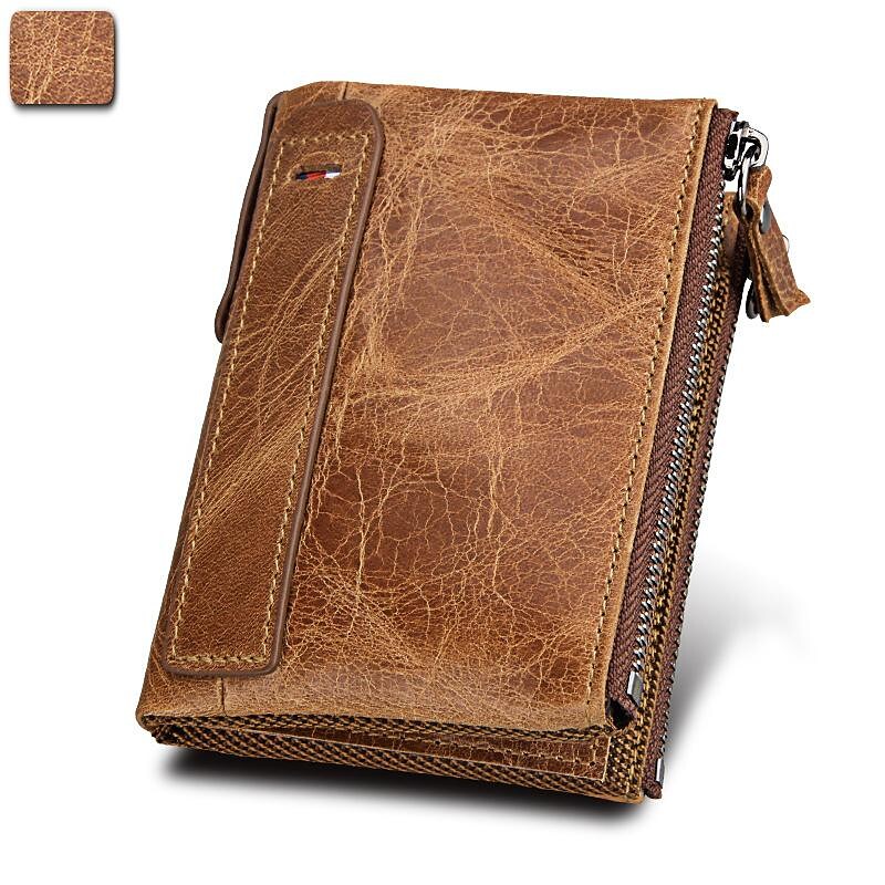 crazy horse cowhide men's wallet rfid anti-theft brush cowhide short men's bill clip wallet double zipper coin purse