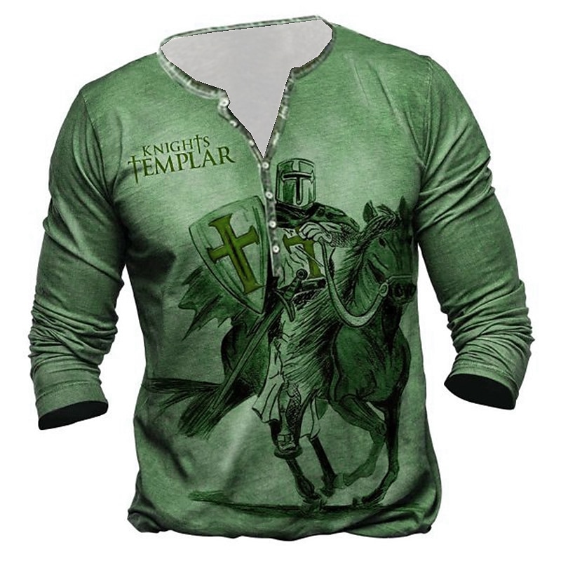 Men's Henley Shirt Tee T shirt Tee 3D Print Graphic Soldier Plus Size Henley Daily Sports Button-Down Print Long Sleeve Tops Designer Basic Classic Comfortable Green Blue Gray
