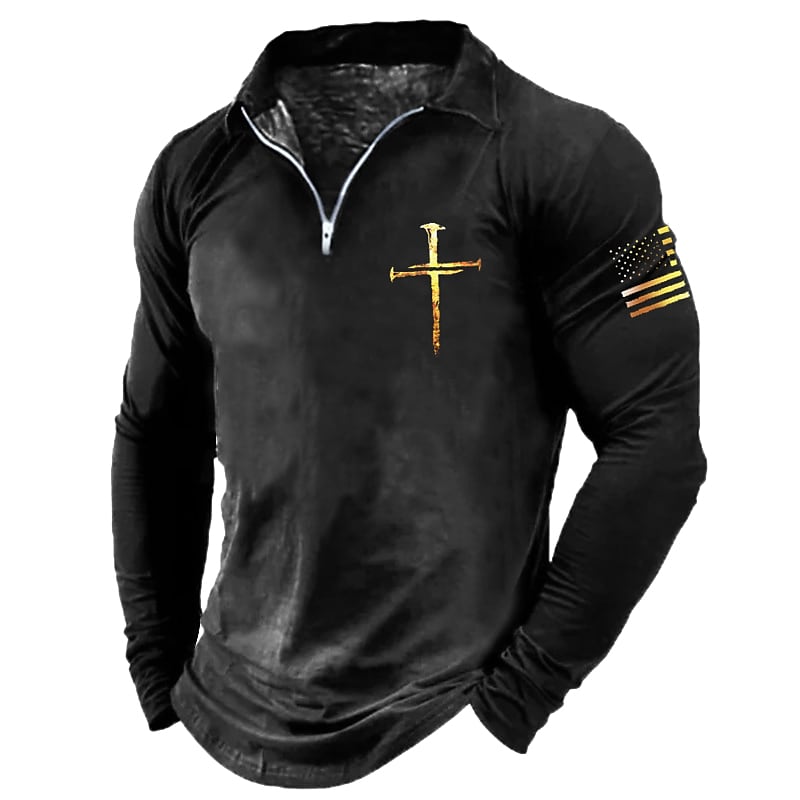 Men's Casual Solid Nation Flag Print Lapel Zipper Long Sleeve Shirt