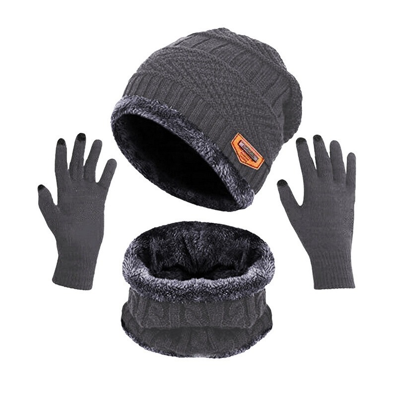Men's Warm Velvet Thick Hat Scarf  Solid Color Touch Screen Gloves Three-piece