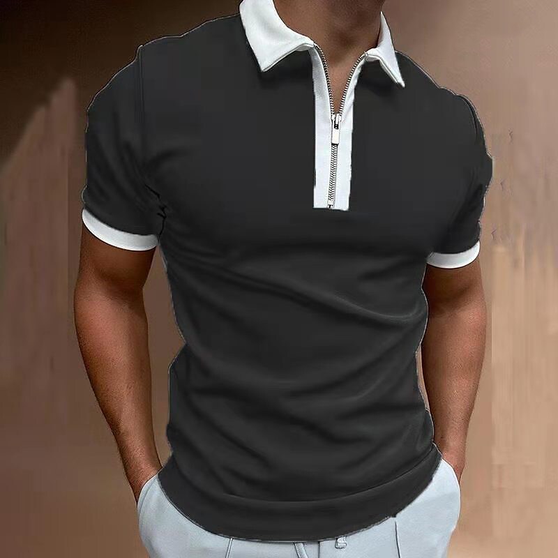 Men's Golf Shirt non-printing Solid Color Zipper Patchwork Short Sleeve Tops 