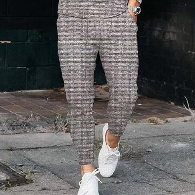 Men's Plaid Drawstring Trousers Pocket Solid Color Pants