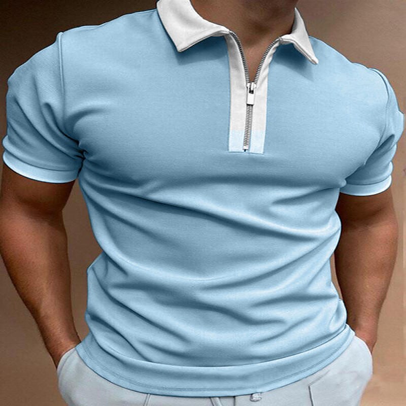 Men's Golf Shirt non-printing Solid Color Zipper Patchwork Short Sleeve Tops 