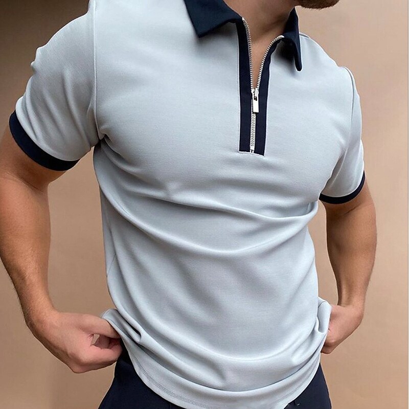 Men's Golf Shirt non-printing Solid Color Zipper Patchwork Short Sleeve Tops 