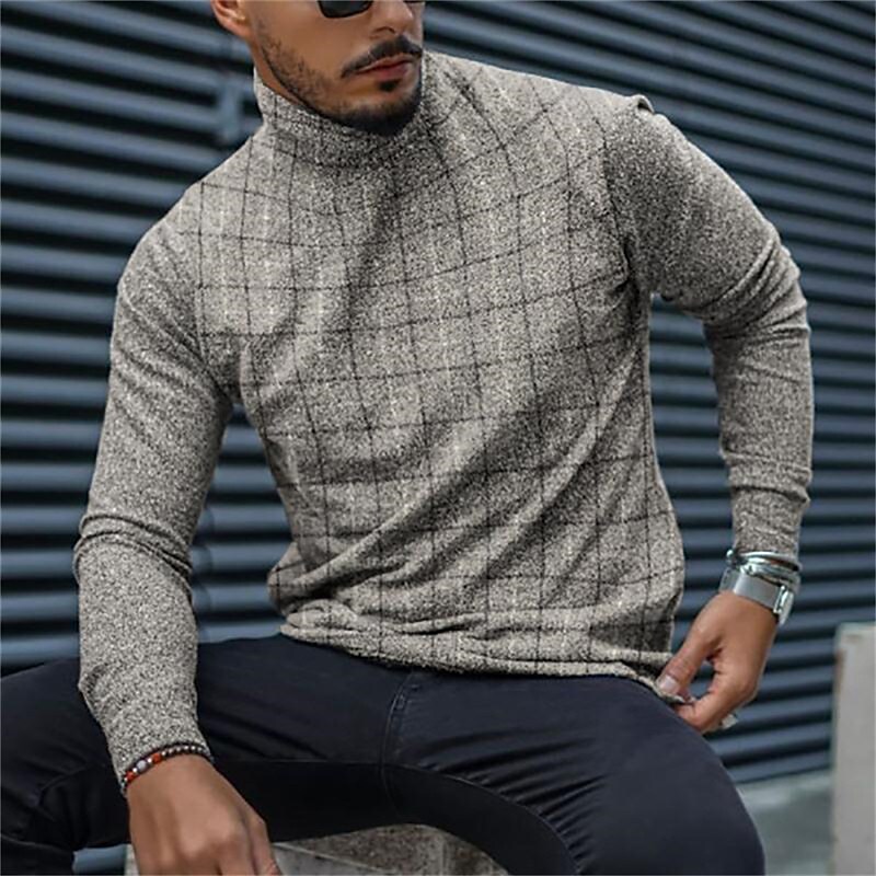 Men's Houndstooth Plaid Turtleneck Long Sleeve Tops 