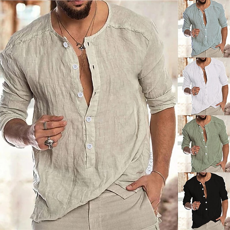 Men's Solid Color Collar Street Casual Button-Down Long Sleeve Tops