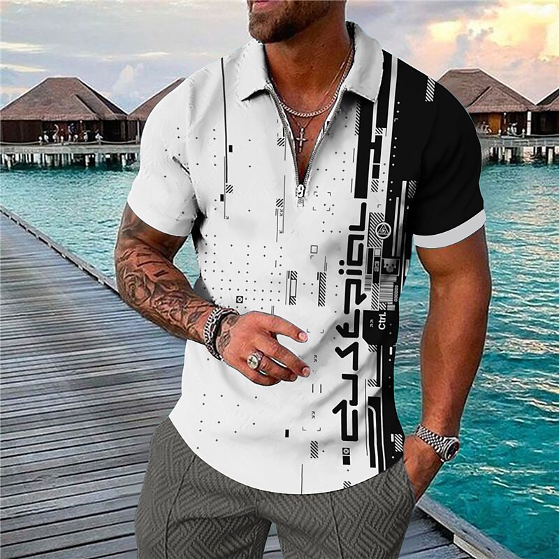 Men's Golf Shirt 3D Print Geometry Turndown Street Casual Zipper Print Short Sleeves Tops Designer Casual Fashion Breathable Black Blue Pink / Summer / Spring / Summer