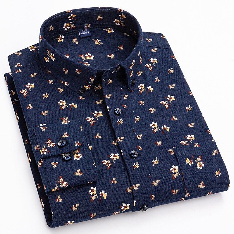 Men's Oxford Solid Color Floral Button Down Collar Long Sleeve Shirt