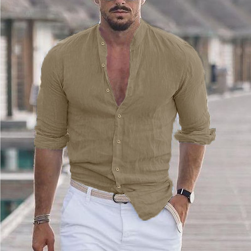 Men's Solid Color Collar Street Long Sleeve Cotton Lightweight Shirts