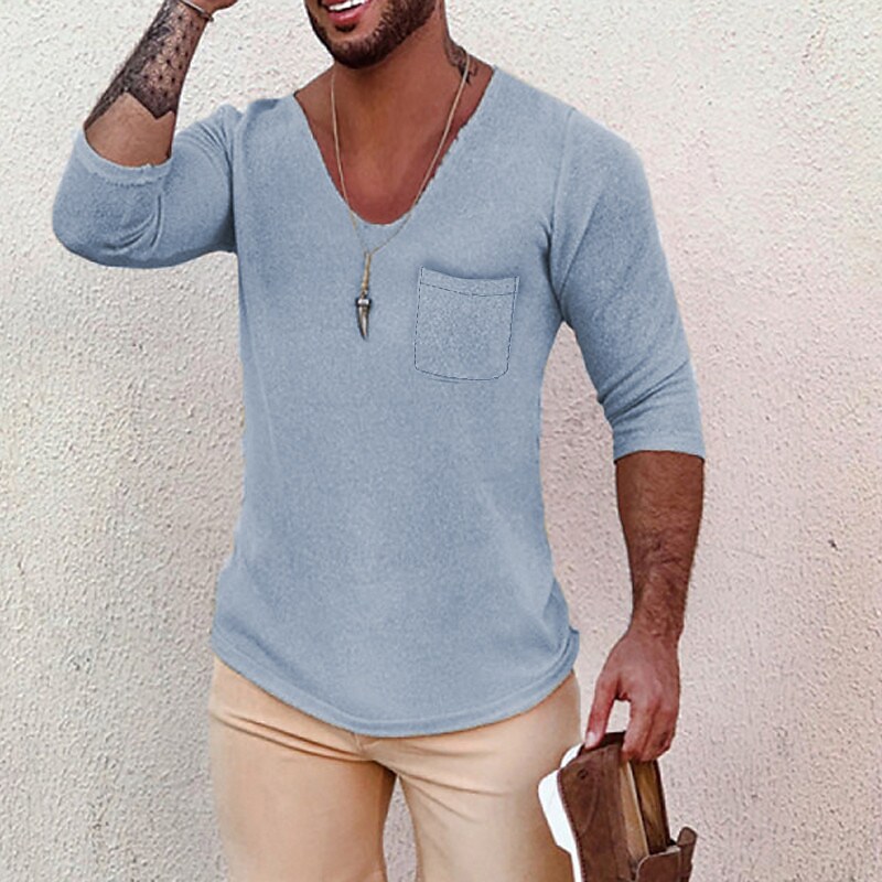 Men's Casual Cotton Solid Color V Neck Long Sleeve Pocket Shirt
