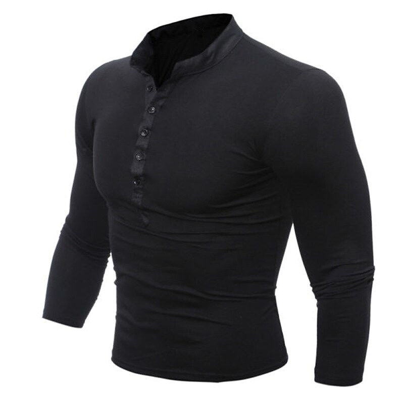 Men's Solid Color Stand Collar Long Sleeve Button-Down Henley Shirt