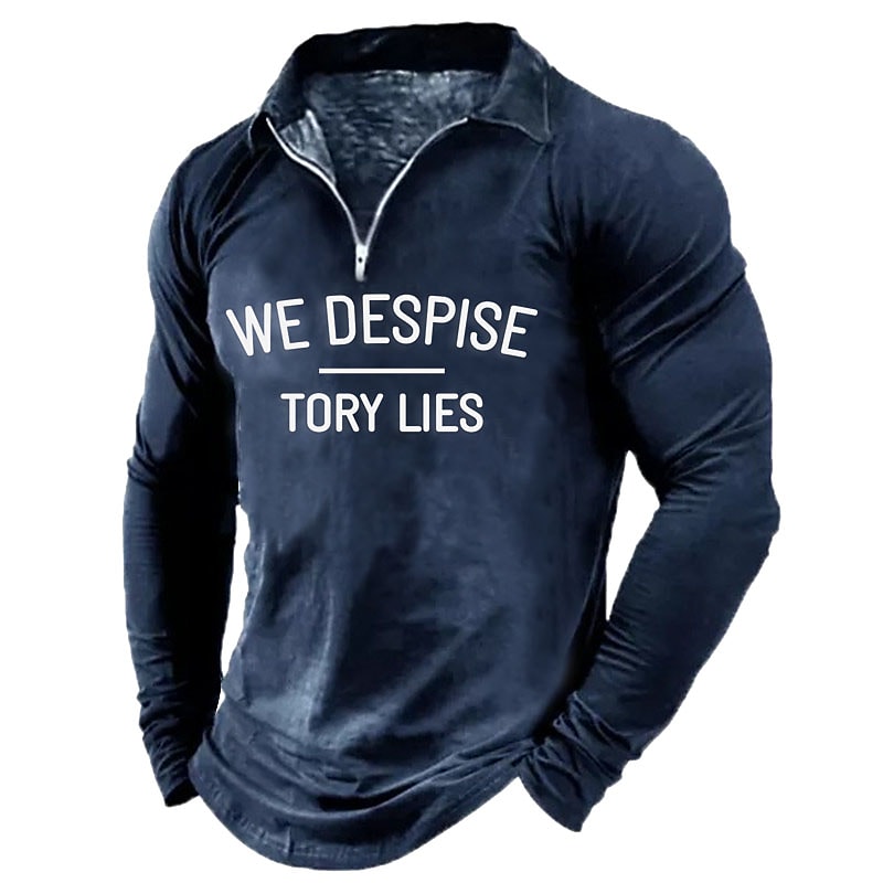 Men's Casual Letter Print Turndown Long Sleeve Zipper Lapel Shirt