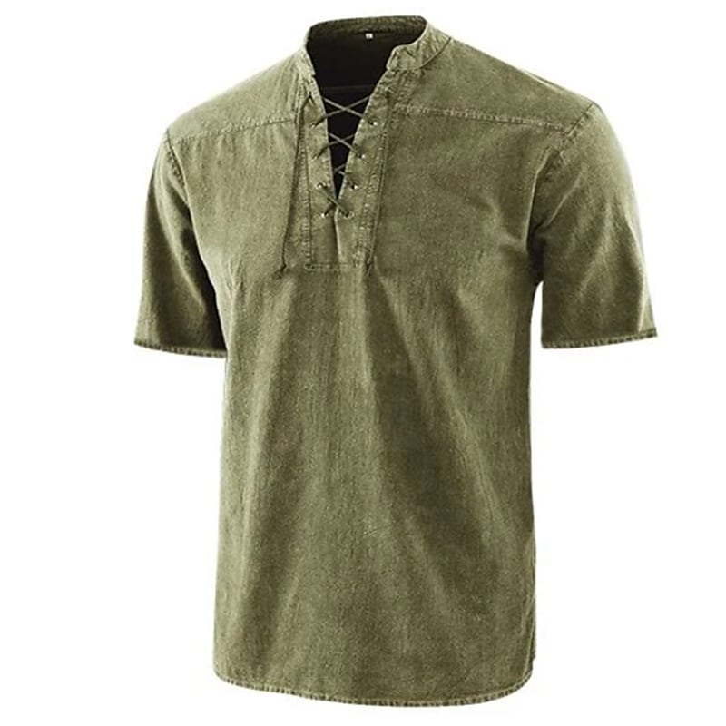 Men's Solid Colored Stand Collar Street Drawstring Short Sleeve Tops 