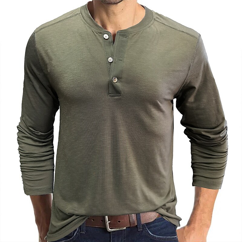 Men's Solid Color Round Neck Button Down Outdoor Long Sleeve Shirt