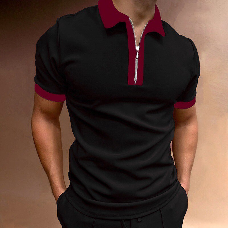 Men's Golf Shirt non-printing Solid Color Zipper Patchwork Short Sleeve Tops 
