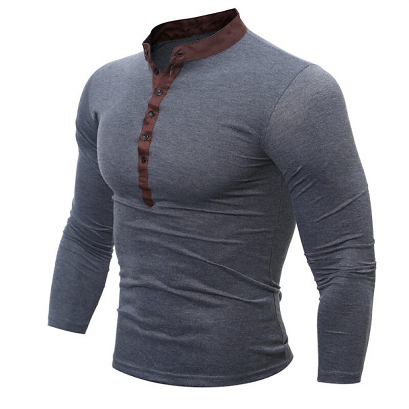 Men's Solid Color Stand Collar Long Sleeve Button-Down Henley Shirt