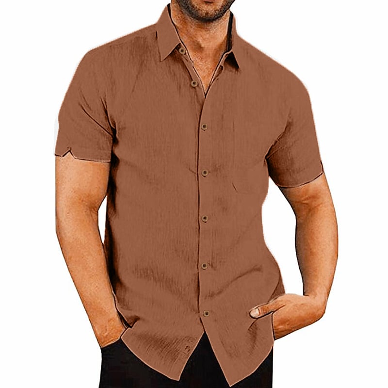 Men's Solid Colored Collar Button Down Short Sleeve Tops 