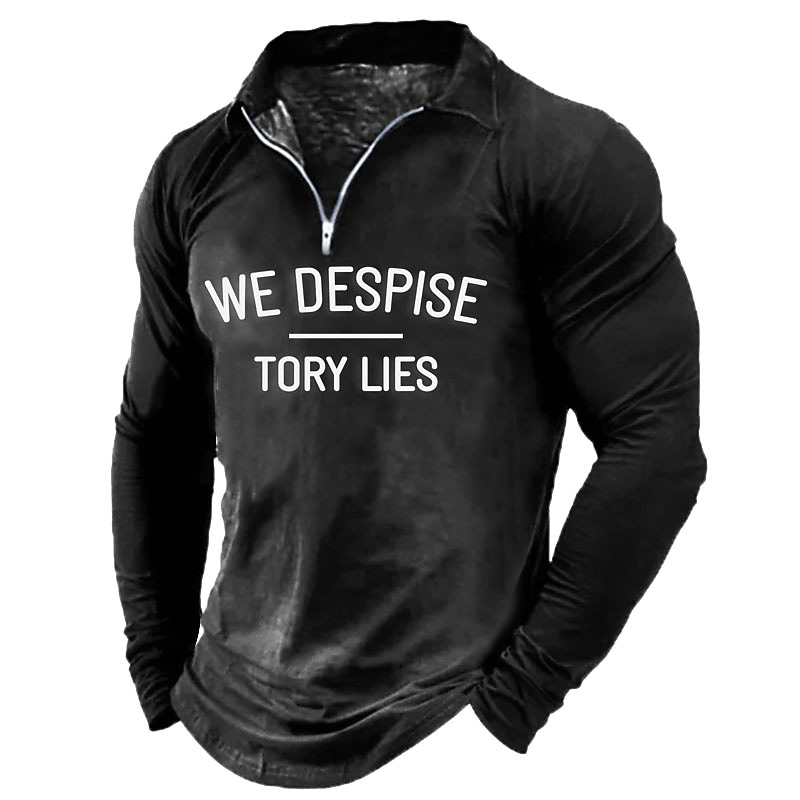 Men's Casual Letter Print Turndown Long Sleeve Zipper Lapel Shirt