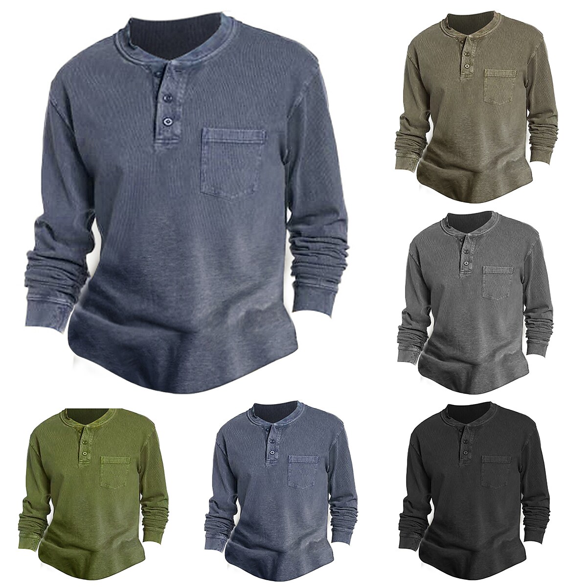 Men's Solid Color Crew Neck Long Sleeve ButtonDown Henley Shirt
