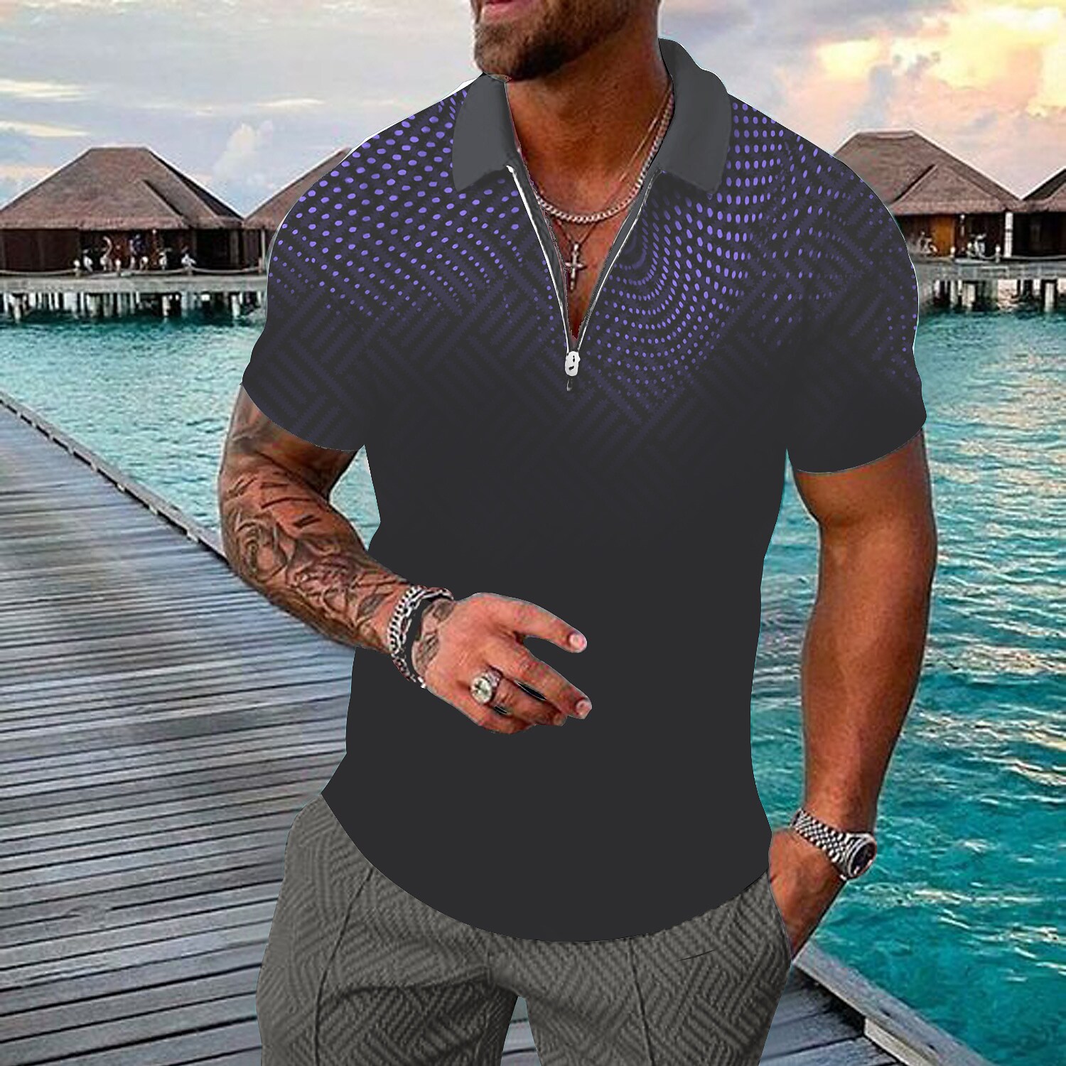 Men's Golf Shirt Polka Dot Turndown Street Casual Zipper Short Sleeve Tops Casual Fashion Comfortable Black Purple Pink