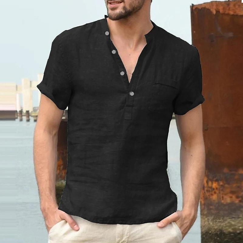 100% Cotton men‘s v-neck men‘s t-shirt flax loose undershirt solid color short-sleeved cotton  linen t-shirt men‘s casual hair