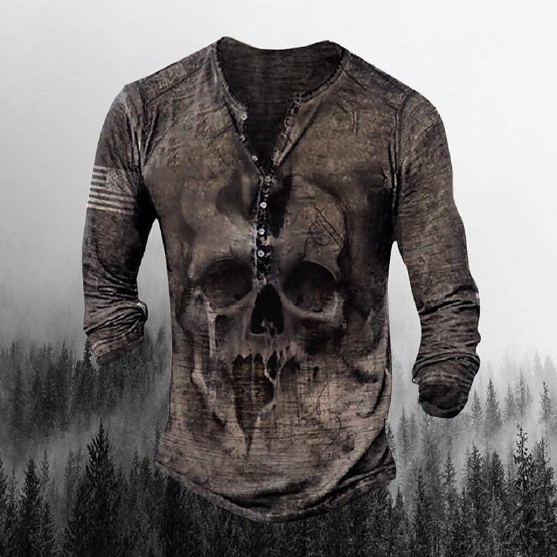 Men's Henley Shirt T shirt Tee Graphic Patterned Skull Plus Size Henley Street Casual Button-Down Print Long Sleeve Tops 