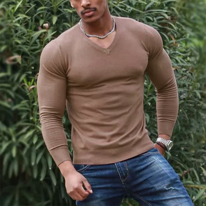 Men's T shirt Tee Solid Colored V Neck Long Sleeve Casual Comfortable Tops