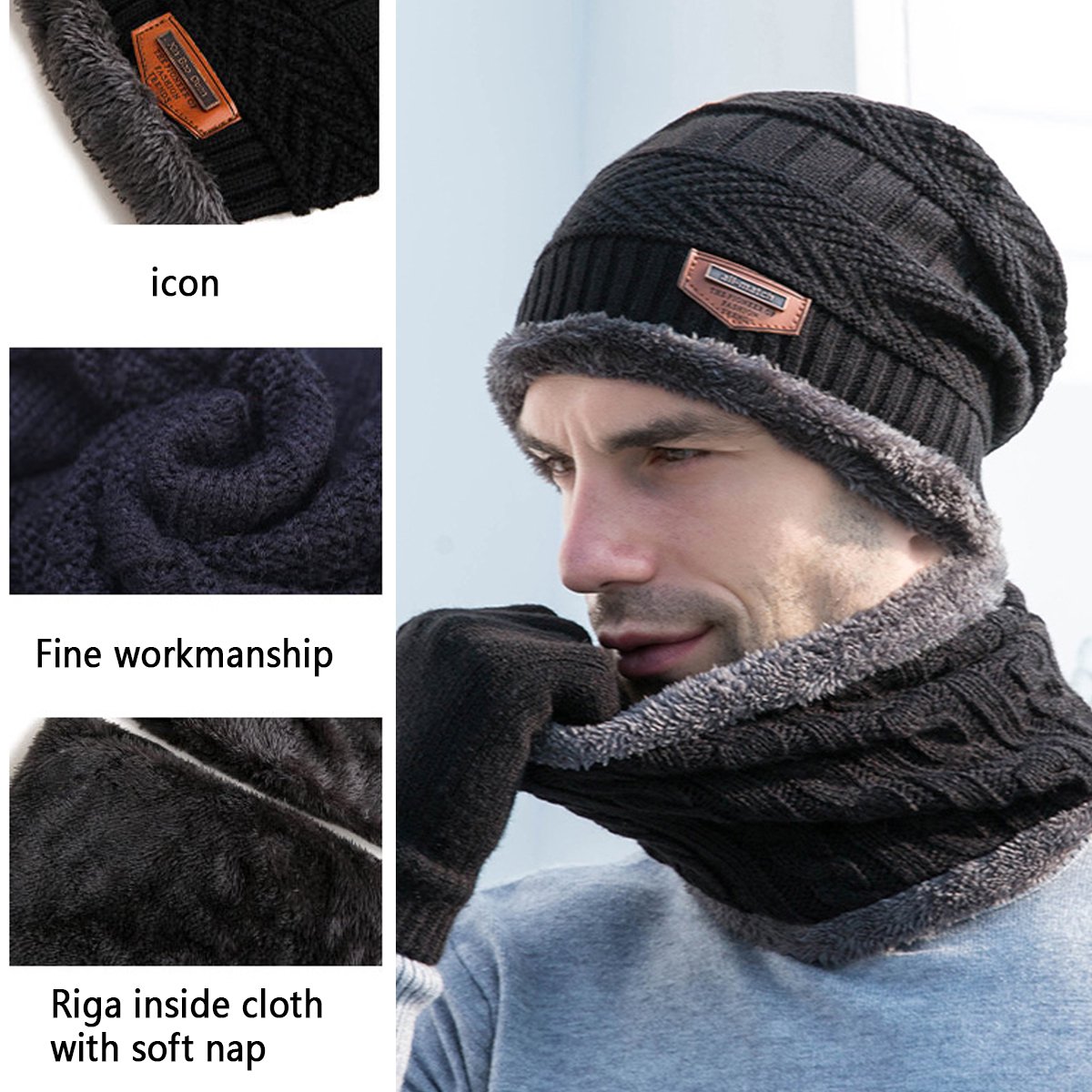 Men's Warm Velvet Thick Hat Scarf  Solid Color Touch Screen Gloves Three-piece